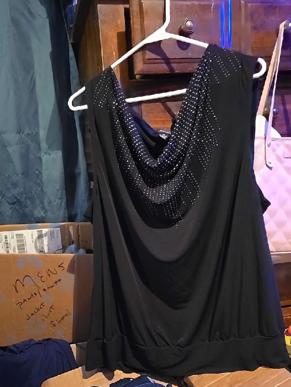 !!.              Womans 3X  Black Sleeveless Cowl Neck Top with Stud Detail